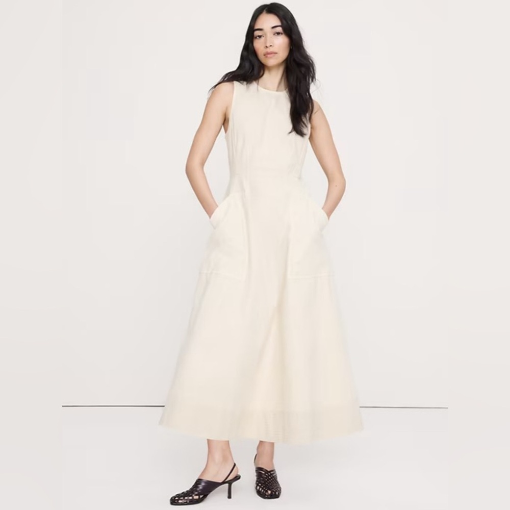 NEW! BANANA REPUBLIC CREAM WHITE COTTON CANVAS UTILITY POCKET MAXI DRESS - XXL